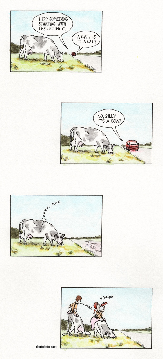 a comic featuring a cow, a car and a guessing game