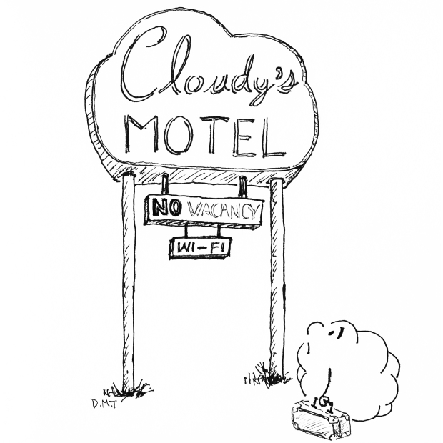 Drawing of a sad cloud looking up at a motel's "no vacancy" sign