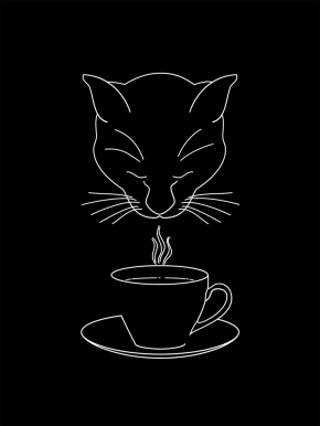 Black and white illustration of a cat savoring a cup of coffee