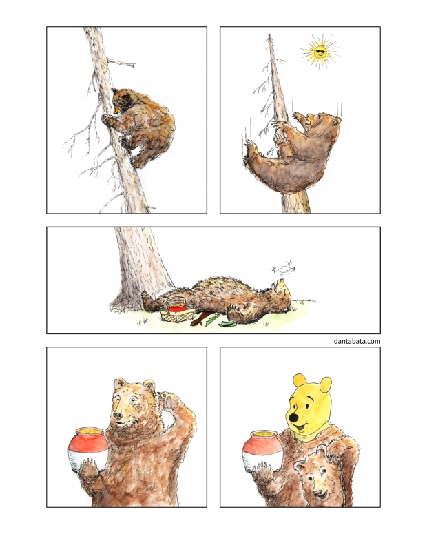 Comic about a bear, a tree, and a honey pot.
